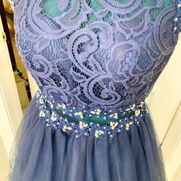 Homecoming Prom Party Beaded Lace Rhinestone Tulle Skater Dress - Picture 8 of 14